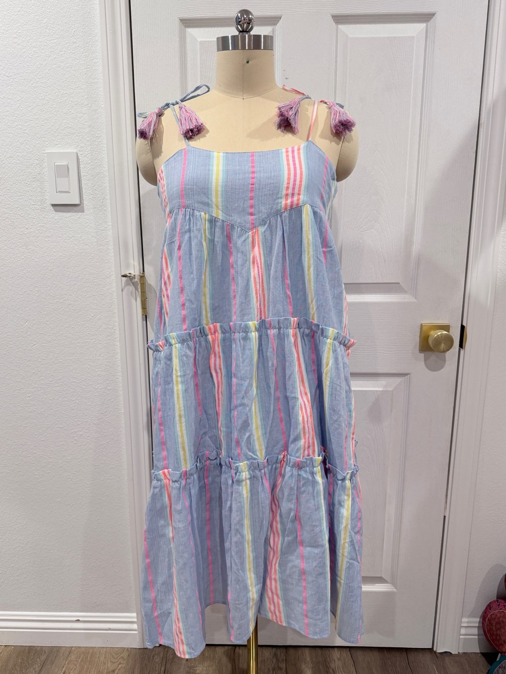 Anthropologie dRA Los Angeles 100% Cotton Light Blue Neon Striped Summer Dress - Picture 3 of 15